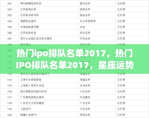 热门IPO排队名单与星座运势交织的资本市场风云揭秘（2017）