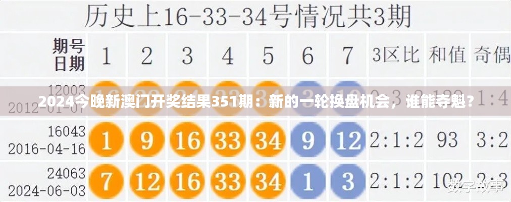 2024今晚新澳门开奖结果351期：新的一轮换盘机会，谁能夺魁？